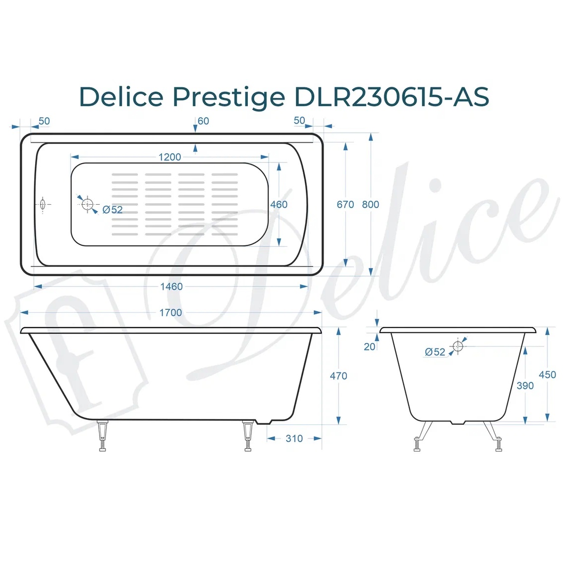 Ванна чугунная Delice Prestige DLR230615-AS 170х80 (белый), встраиваемая с антискользящим покрытием