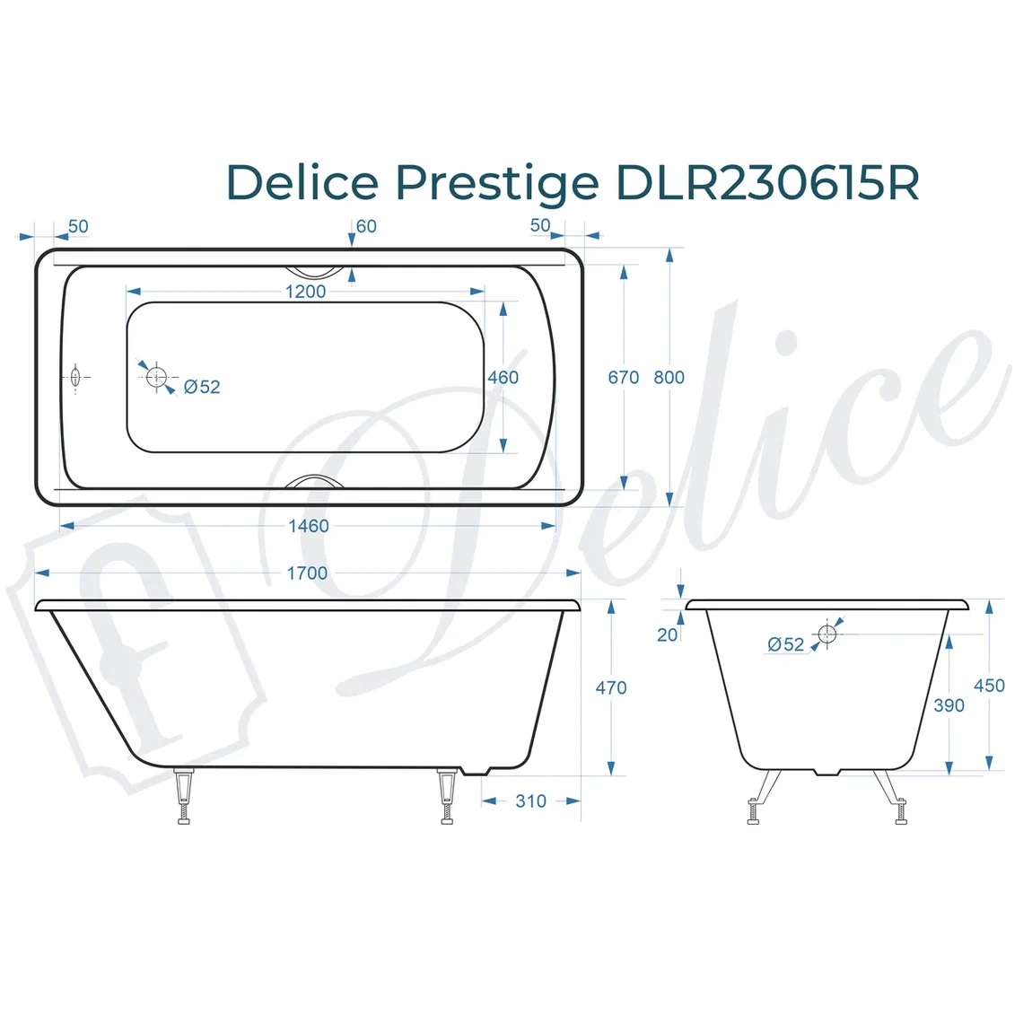 Ванна чугунная Delice Prestige DLR230615R 170х80 (белый), встраиваемая с отверстиями под ручки