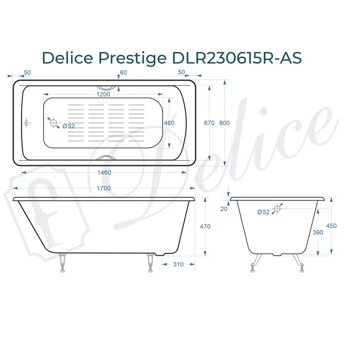 Ванна чугунная Delice Prestige DLR230615R-AS 170х80 (белый), встраиваемая с антискользящим покрытием и отверстиями под ручки