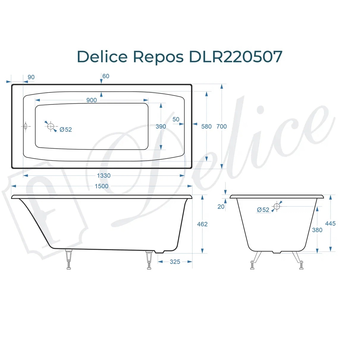 Ванна чугунная Delice Repos DLR220507 150х70 (белый), встраиваемая