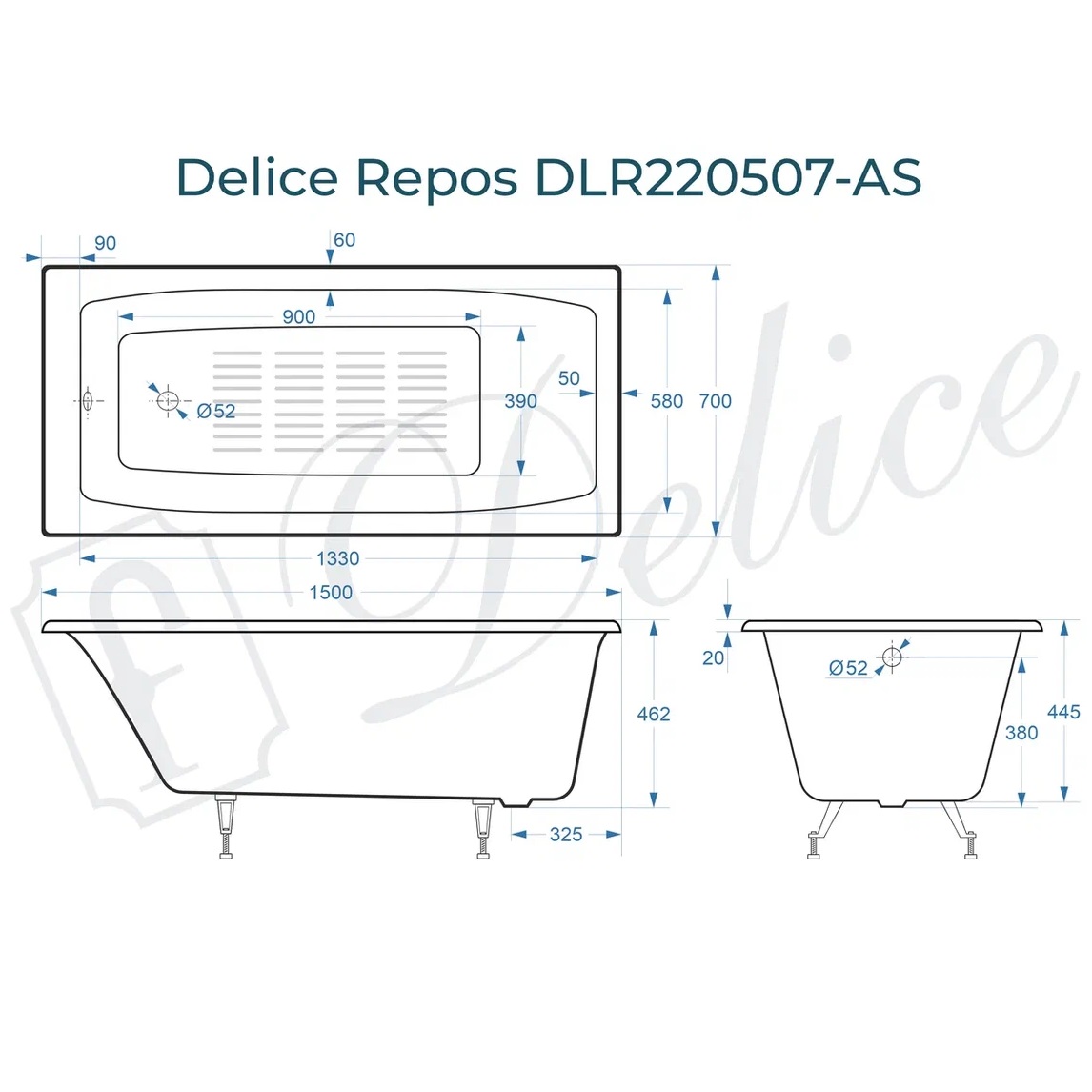 Ванна чугунная Delice Repos DLR220507-AS 150х70 (белый), встраиваемая с антискользящим покрытием