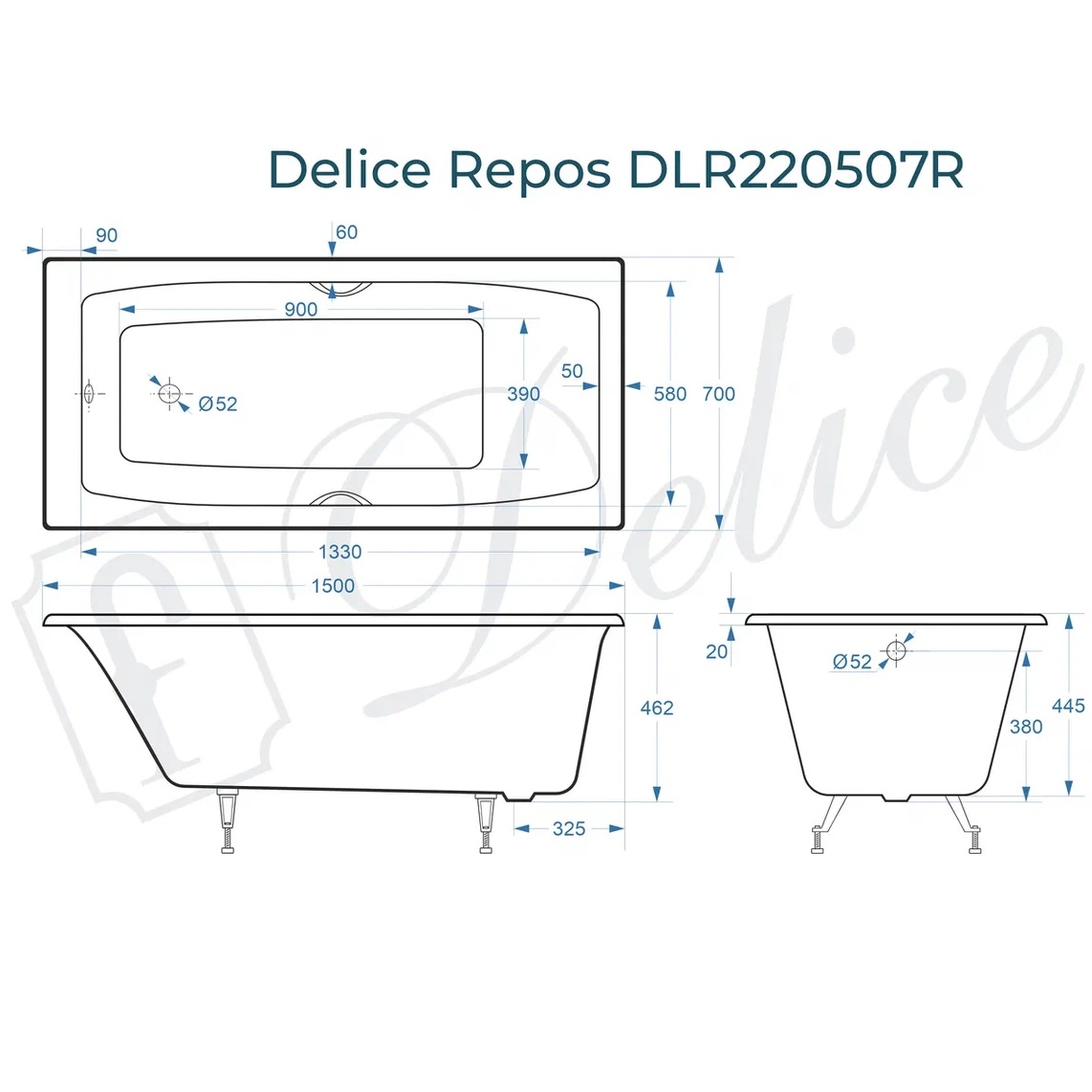 Ванна чугунная Delice Repos DLR220507R 150х70 (белый), встраиваемая с ручками