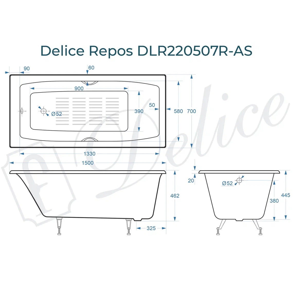 Ванна чугунная Delice Repos DLR220507R-AS 150х70 (белый), встраиваемая с антискользящим покрытием и ручками