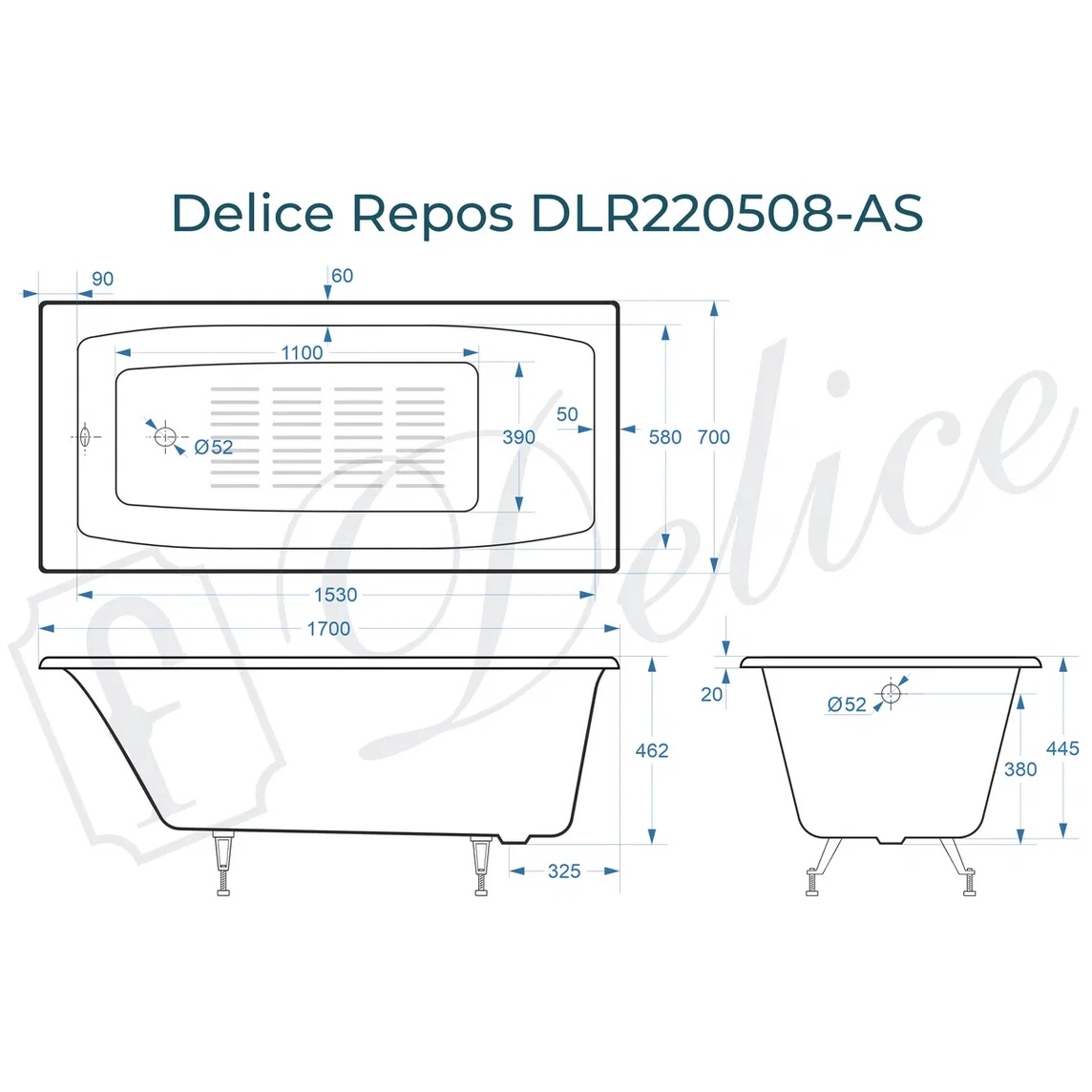 Ванна чугунная Delice Repos DLR220508-AS 170х70 (белый), встраиваемая с антискользящим покрытием