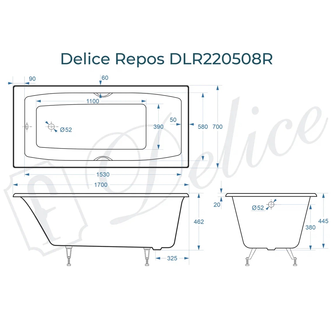 Ванна чугунная Delice Repos DLR220508R 170х70 (белый), встраиваемая с ручками