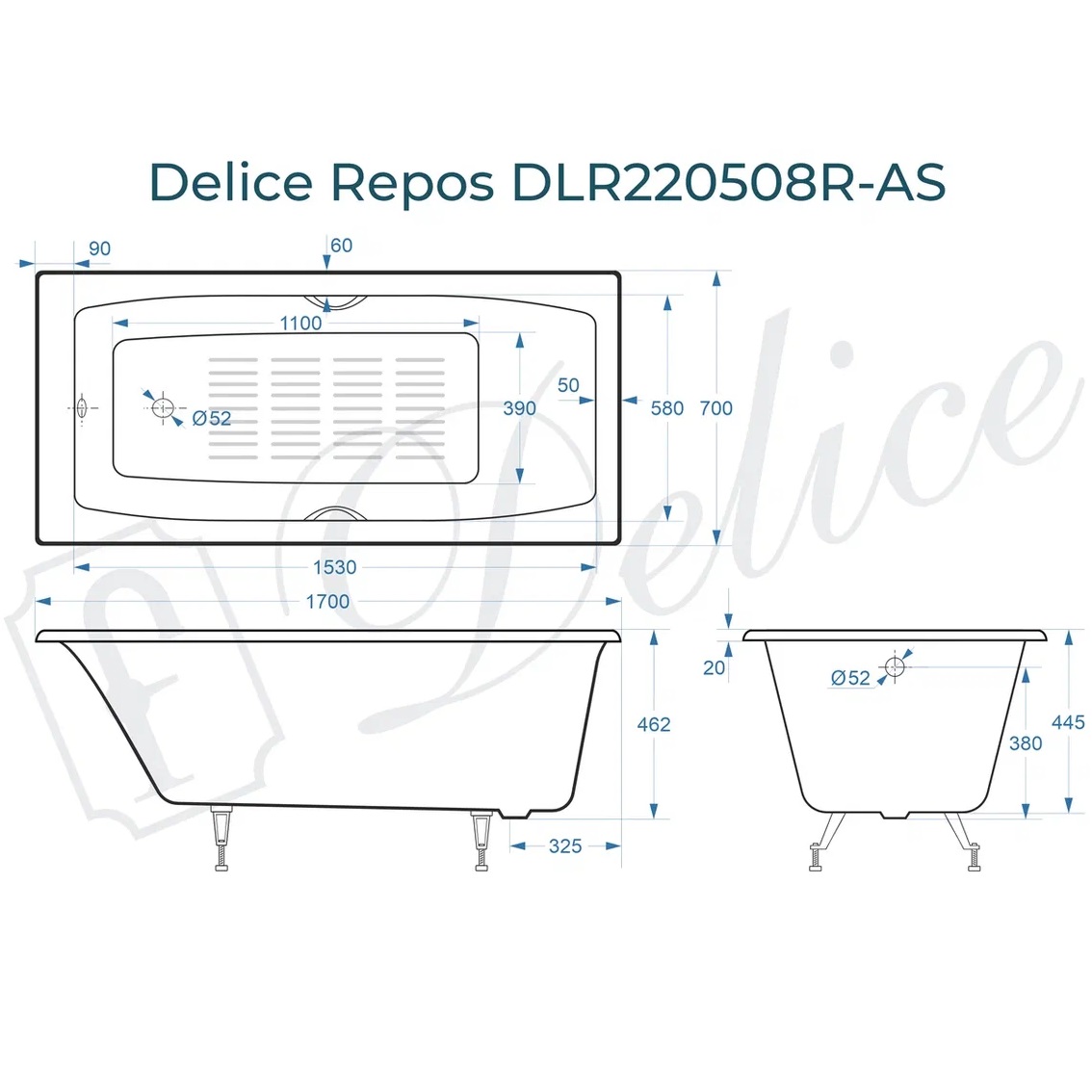 Ванна чугунная Delice Repos DLR220508R-AS 170х70 (белый), встраиваемая с антискользящим покрытием и ручками