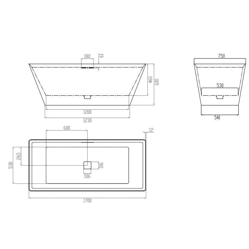 Ванна отдельностоящая  из искусственного камня Abber Berlin AM9912G 170x75x60 (серый матовый), слив-перелив