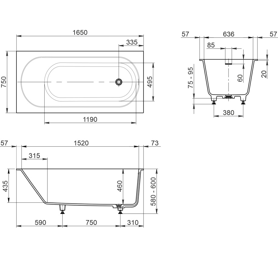Ванна пристенная Whitecross Gin 0217.165075.200 165x75 см, (белый матовый), иск. камень