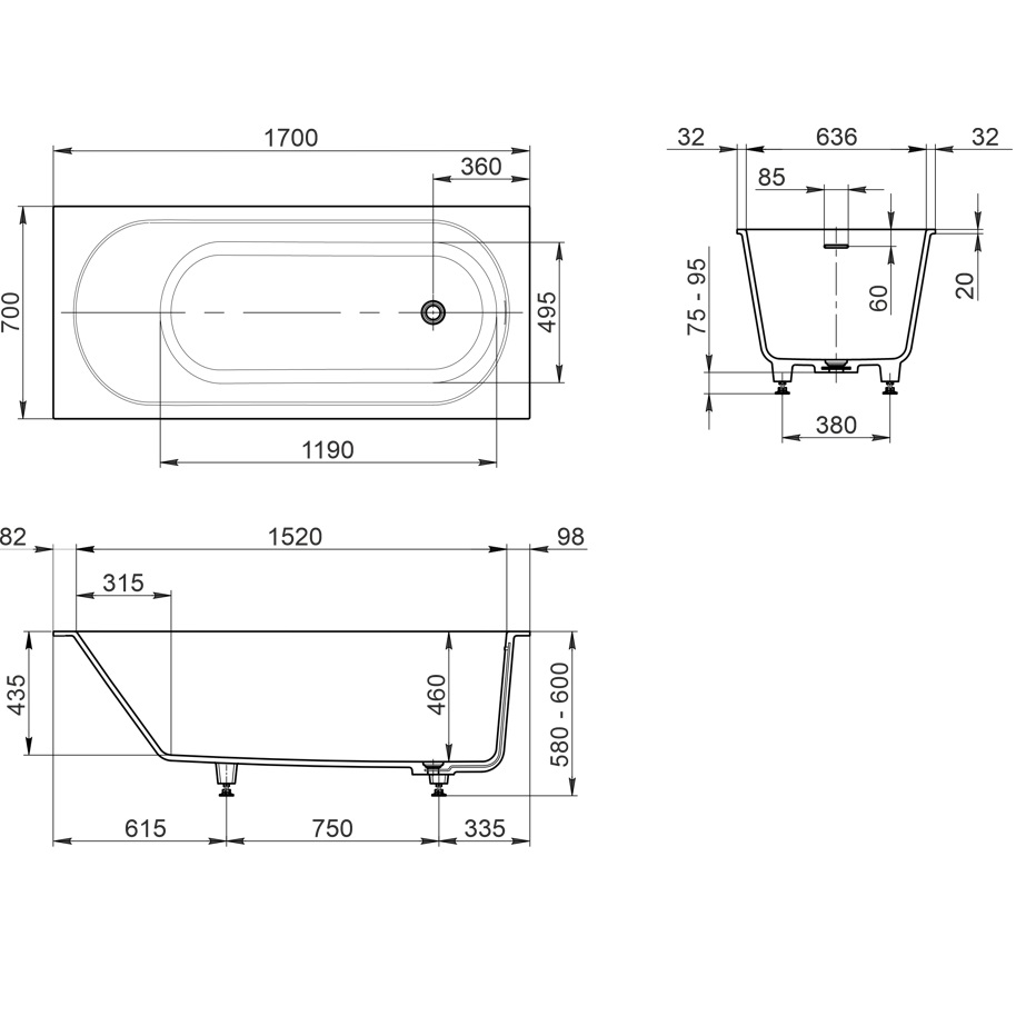 Ванна пристенная Whitecross Gin 0217.170070.200 170x70 см, (белый матовый), иск. камень