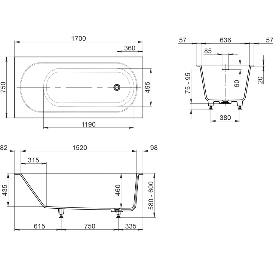 Ванна пристенная Whitecross Gin 0217.170075.200 170x75 см, (белый матовый), иск. камень