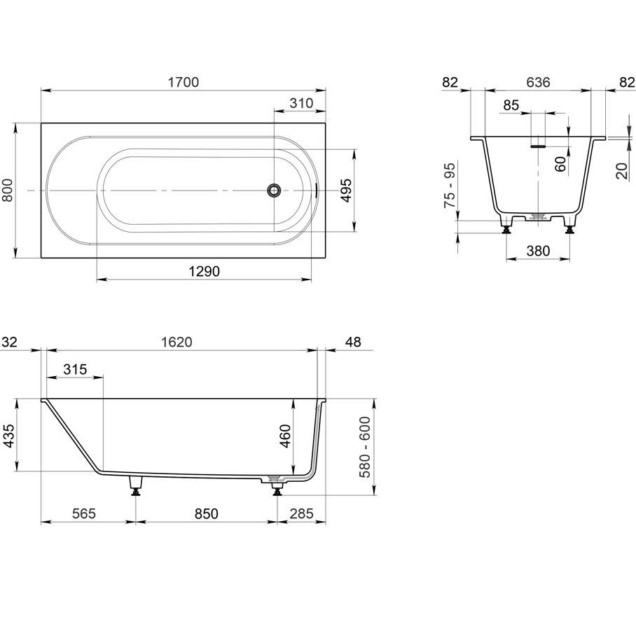 Ванна пристенная Whitecross Gin 0217.170080.200 170x80 см, (белый матовый), иск. камень