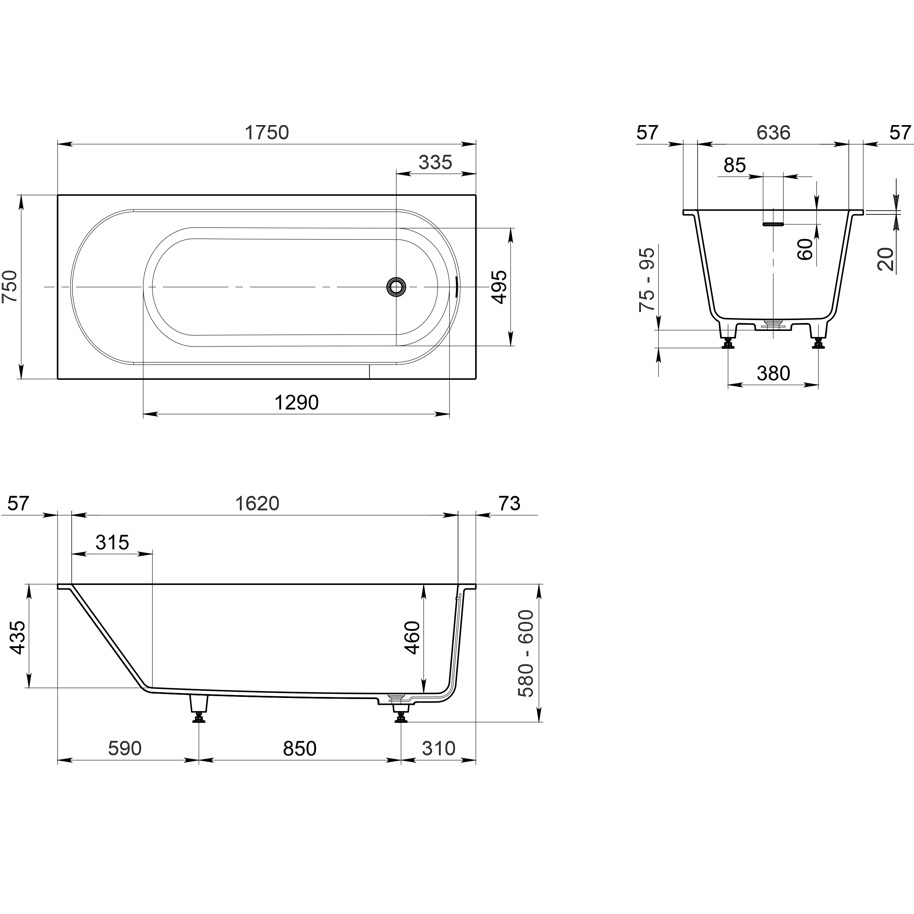 Ванна пристенная Whitecross Gin 0217.175075.200 175x75 см, (белый матовый), иск. камень