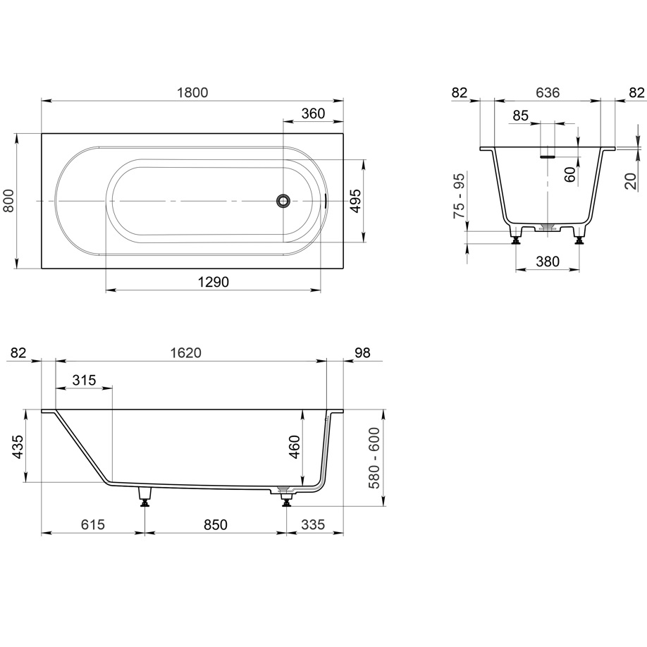 Ванна пристенная Whitecross Gin 0217.180080.200 180x80 см, (белый матовый), иск. камень