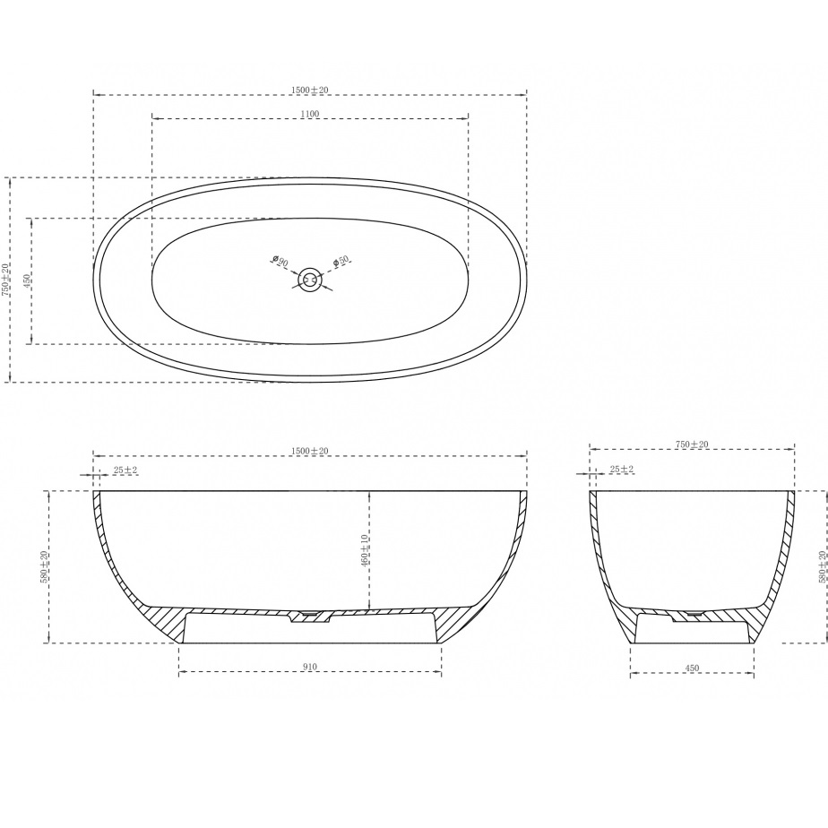 Ванна отдельностоящая Abber Kristall AT9701Onyx-1.5 150x75x58 (черный), донный клапан