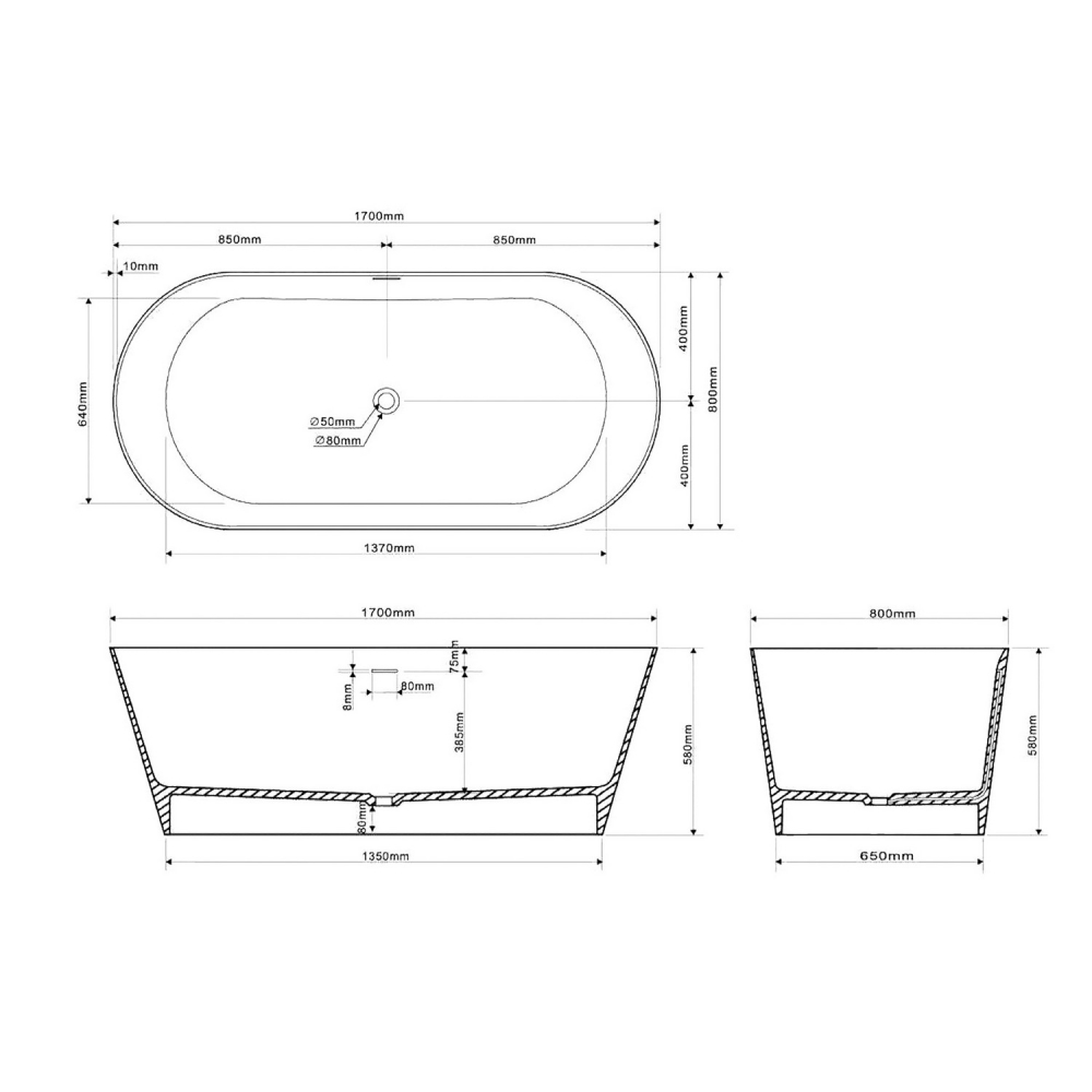 Ванна отдельностоящая Abber Stein AS9605 170x80x58 (белый), слив-перелив, иск.камень