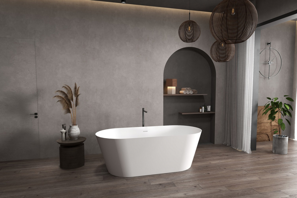 Ванна отдельностоящая Abber Stein AS9626 160x70x58 (белый матовый), слив-перелив, иск.камень