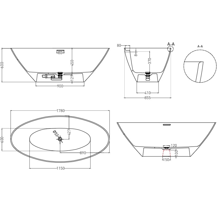 Ванна отдельностоящая Salini Diva S-Sense 102211G 178x85.5x60 (белый глянцевый), донный клапан, сифон, слив-перелив