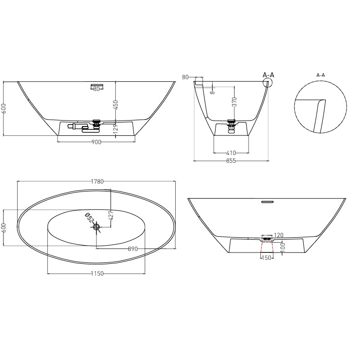 Ванна отдельностоящая Salini Diva S-Stone 102221M 178x85.5x60 (белый матовый), донный клапан, сифон, слив-перелив