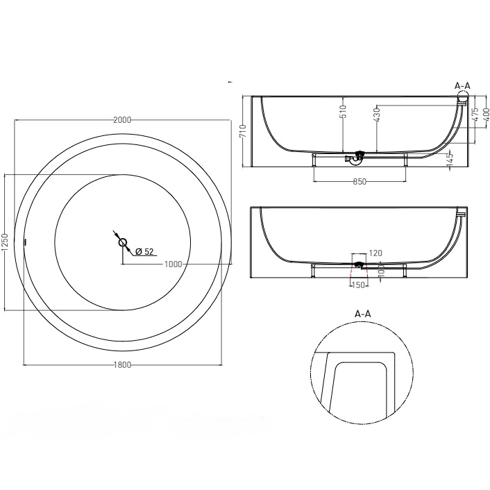 Ванна отдельностоящая Salini S-Sense Isola 101111G 200x200x71 (белый глянцевый), донный клапан, сифон, слив-перелив