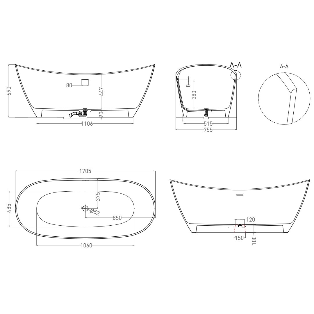 Ванна отдельностоящая Salini S-Sense Noemi 101712G 170х75х69 (белый глянцевый), донный клапан, накладка, сифон, слив-перелив