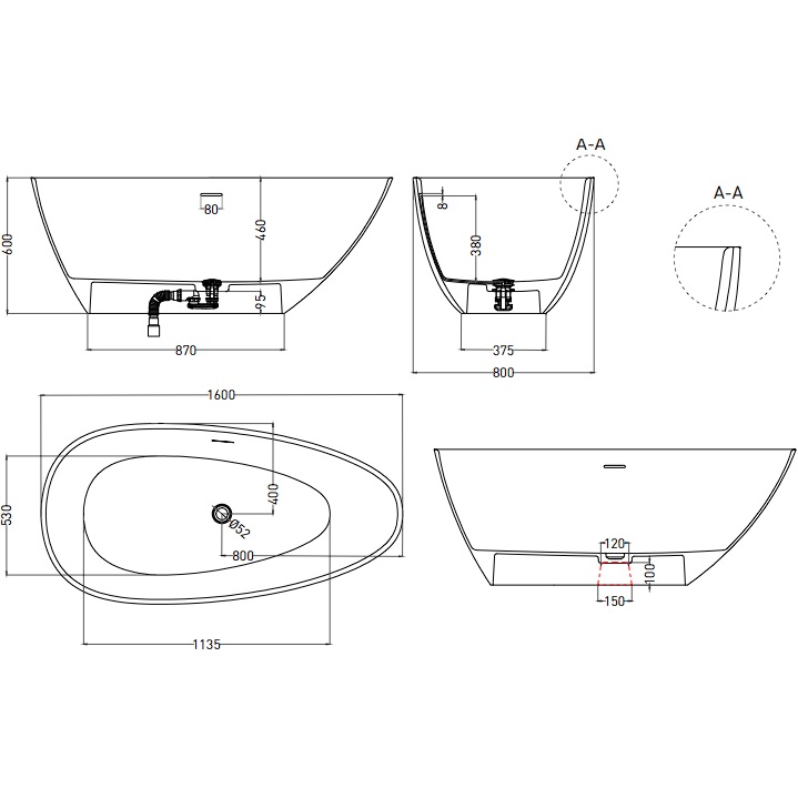Ванна отдельностоящая Salini S-Sense Paola 1015103GF 160x80x60 (покраска RAL полностью, глянцевый), донный клапан, сифон, слив-перелив