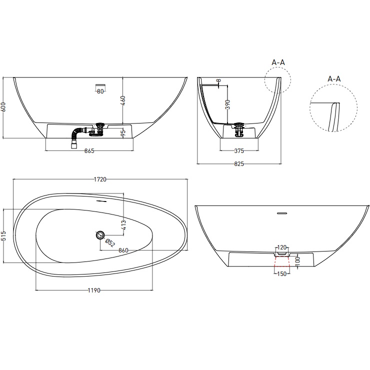 Ванна отдельностоящая Salini S-Sense Paola 1015104GF 172x82.5x60 (покраска RAL полностью, глянцевый), донный клапан, сифон, слив-перелив