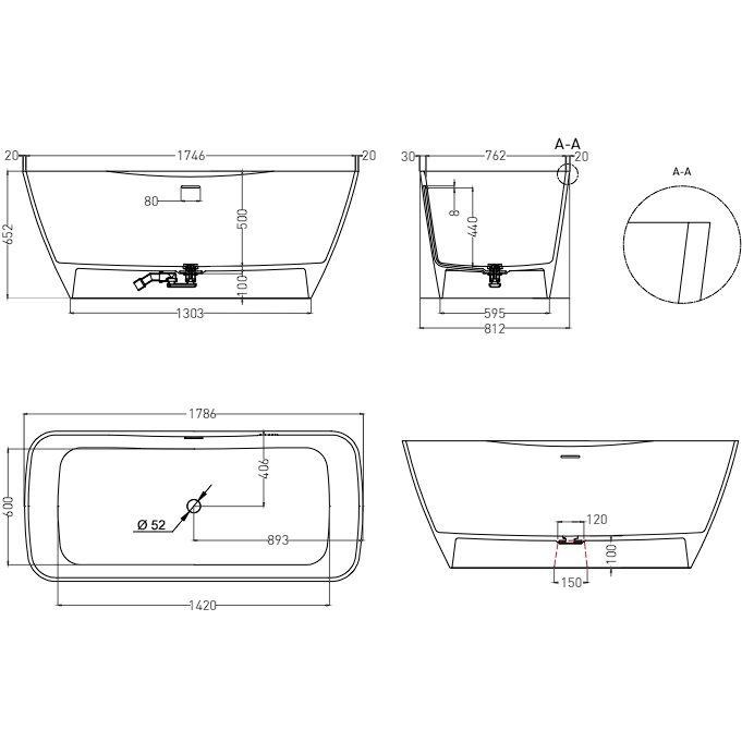 Ванна отдельностоящая Salini S-Stone Agatha 100221MF 179x82x65.5 (покраска RAL полностью, матовый), донный клапан, сифон, слив-перелив