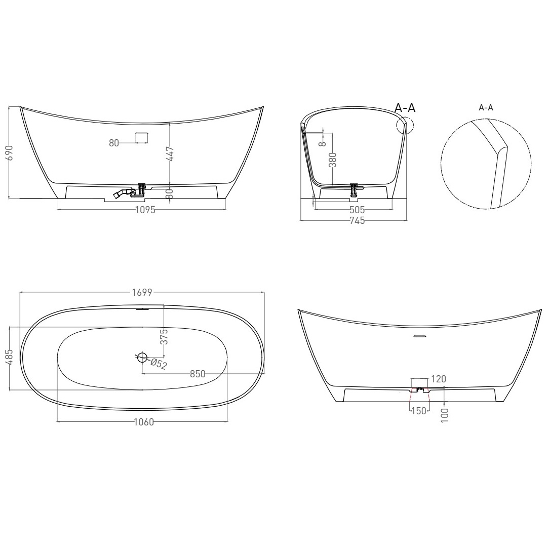 Ванна отдельностоящая Salini S-Stone Noemi 101722MF 170х75х69 (покраска RAL полностью, матовый), донный клапан, накладка, сифон, слив-перелив