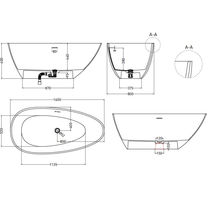 Ванна отдельностоящая Salini S-Stone Paola 1015203MF 160x80x60 (покраска RAL полностью, матовый), донный клапан, сифон, слив-перелив