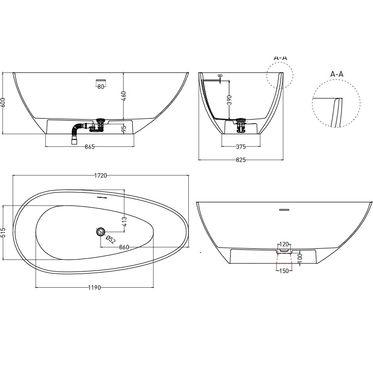 Ванна отдельностоящая Salini S-Stone Paola 1015204MF 172x82.5x60 (покраска RAL полностью, матовый), донный клапан, сифон, слив-перелив