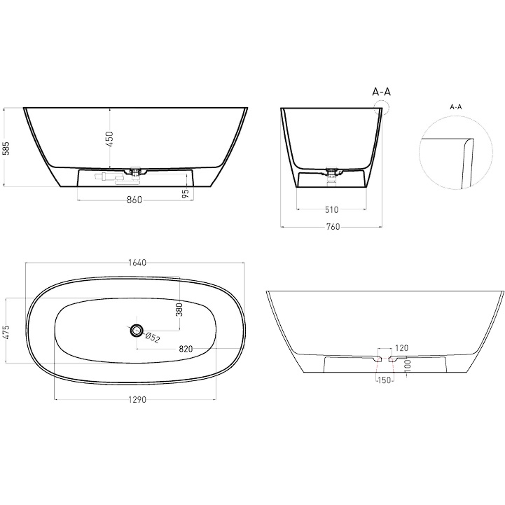 Ванна отдельностоящая Salini Sofia Light S-Sense 103611GF 164x76x58 (покраска RAL полностью, глянцевый), донный клапан, сифон, без перелива
