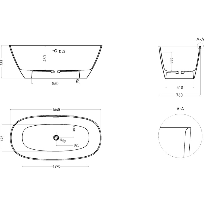 Ванна отдельностоящая Salini Sofia Light S-Sense 103711GF 164.5x75.5x58 (покраска RAL полностью, глянцевый), донный клапан, сифон