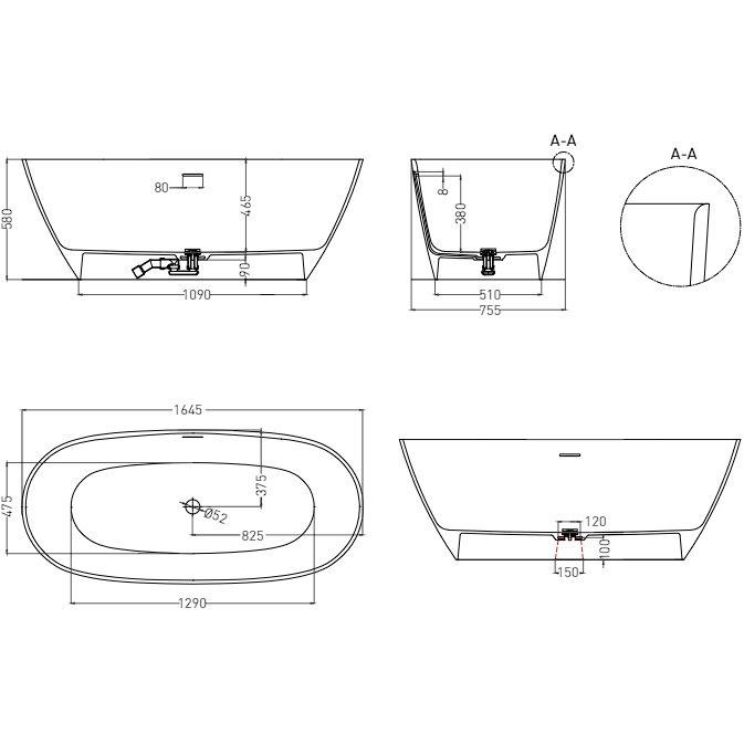 Ванна отдельностоящая Salini Sofia S-Sense 102511GF 164.5x75.5x58 (покраска RAL полностью, глянцевый), донный клапан, сифон, слив-перелив