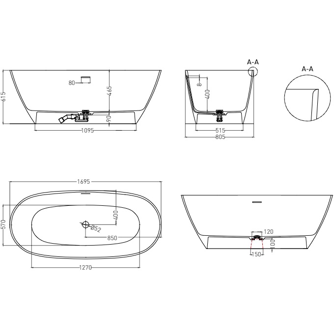 Ванна отдельностоящая Salini Sofia S-Sense 102516GF 169.5x80.5x60.5 (покраска RAL полностью глянцевый), донный клапан, сифон, слив-перелив