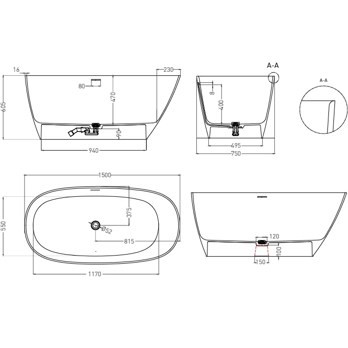Ванна отдельностоящая Salini Sofia S-Sense 102518G 150x75x60.5 (белый глянцевый), донный клапан, сифон, слив-перелив