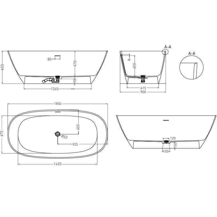 Ванна отдельностоящая Salini Sofia S-Sense 102519G 185x90x60.5 (белый глянцевый), донный клапан, сифон, слив-перелив
