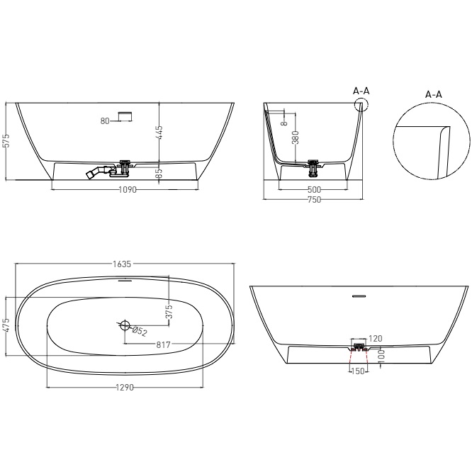 Ванна отдельностоящая Salini Sofia S-Stone 102521MF 163x75x58 (покраска RAL полностью, матовый), донный клапан, сифон, слив-перелив