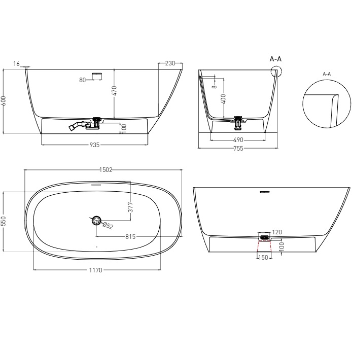 Ванна отдельностоящая Salini Sofia S-Stone 102528MF 150x75x60.5 (покраска RAL полностью, матовый), донный клапан, сифон, слив-перелив