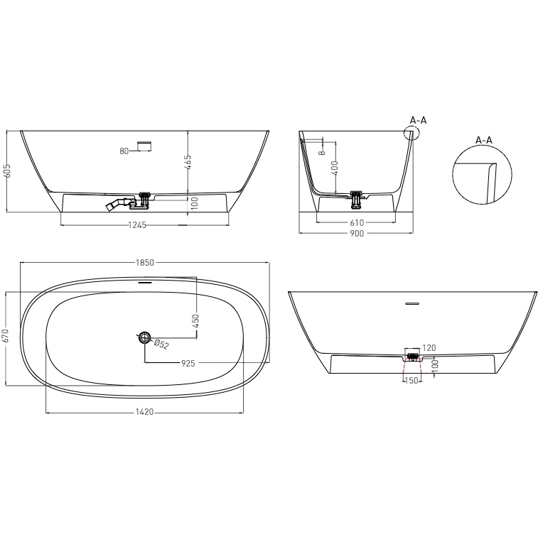 Ванна отдельностоящая Salini Sofia S-Stone 102529MF 185x90x60.5 (покраска RAL полностью, матовый), донный клапан, сифон, слив-перелив
