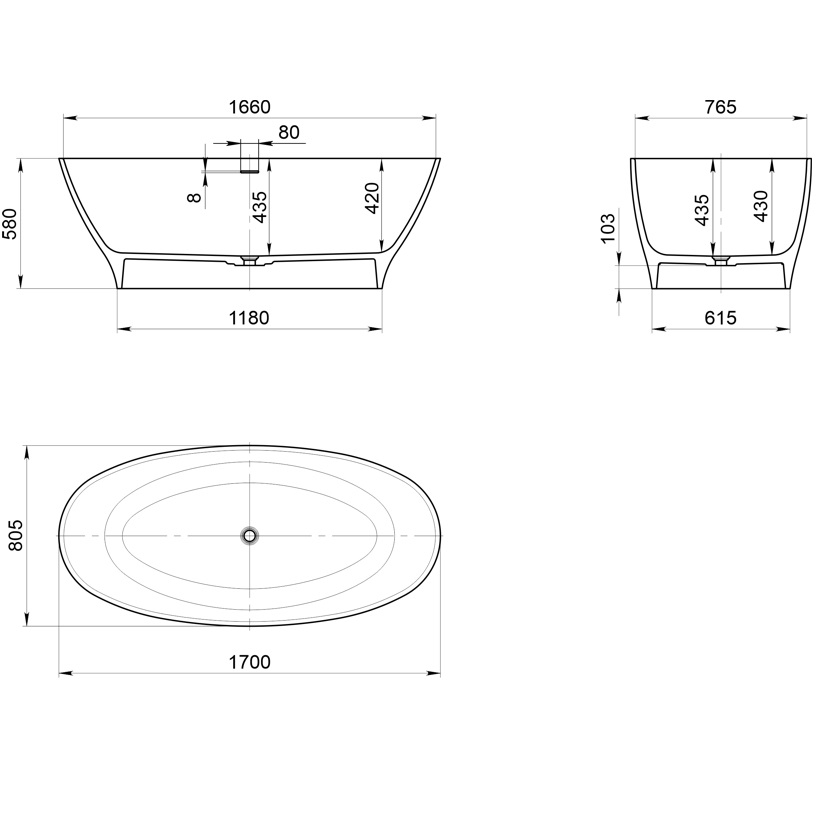 Ванна отдельностоящая Whitecross Glock 0221.170080.2XXXX 170x80 см, (любой цвет RAL матовый), иск. камень
