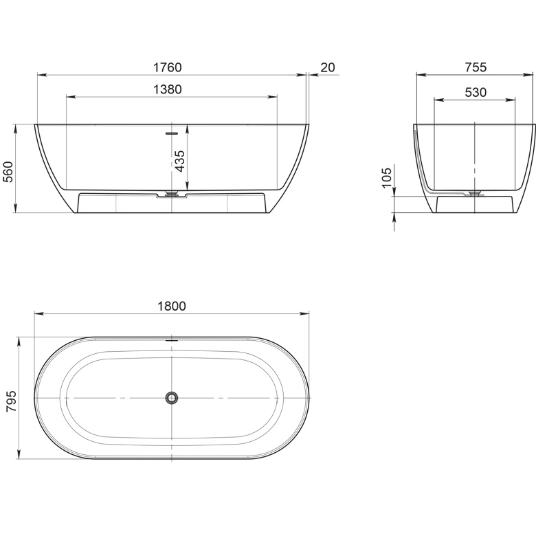 Ванна отдельностоящая Whitecross Tawna 0218.180080.200 180x80 см, (белый матовый), иск. камень