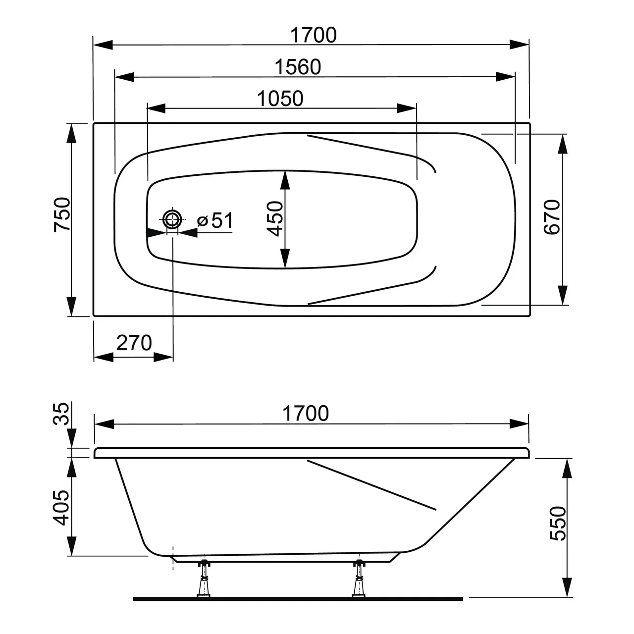 Ванна приставная акриловая Vagnerplast Aronia VPBA170ARN2X-04 170x75 (белый)