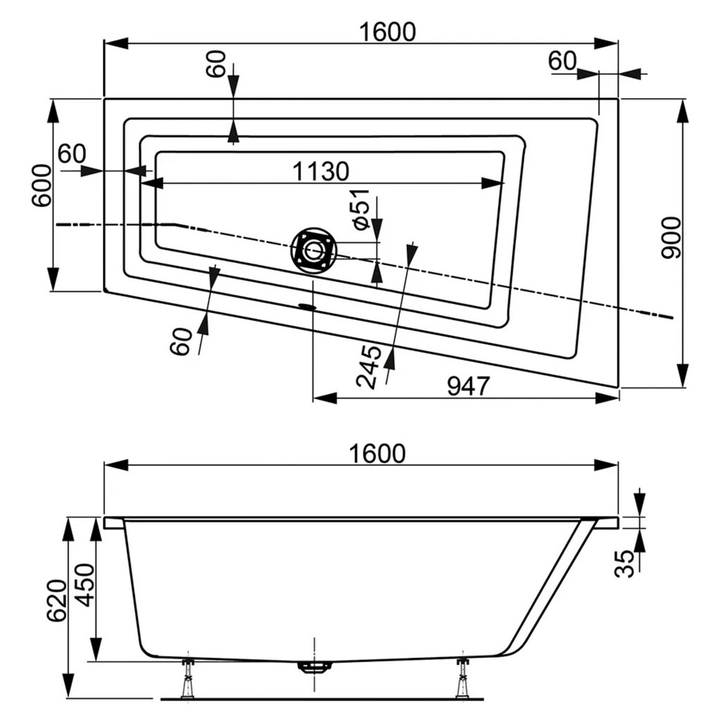 Ванна приставная акриловая Vagnerplast Cavallo Offset VPBA169CAV3LX-04 160x90 (белый), левая