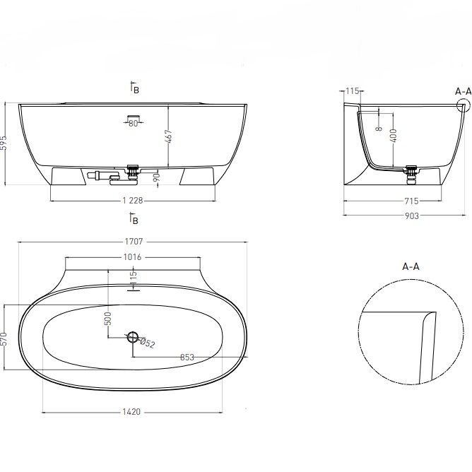 Ванна пристенная Salini S-Sense Alda Wall 101915GF 170.7x90.5x61 (покраска RAL полностью, глянцевый), донный клапан, сифон, слив-перелив