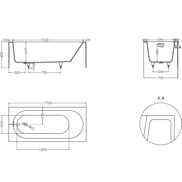 Ванна пристенная Salini S-Sense Fabia 102611GF 170x75x60 (покраска RAL полностью, глянцевый), донный клапан, сифон, слив-перелив 