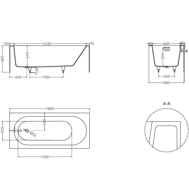 Ванна пристенная Salini S-Sense Fabia 102612GF 180x80x60 (покраска RAL полностью, глянцевый), донный клапан, сифон, слив-перелив