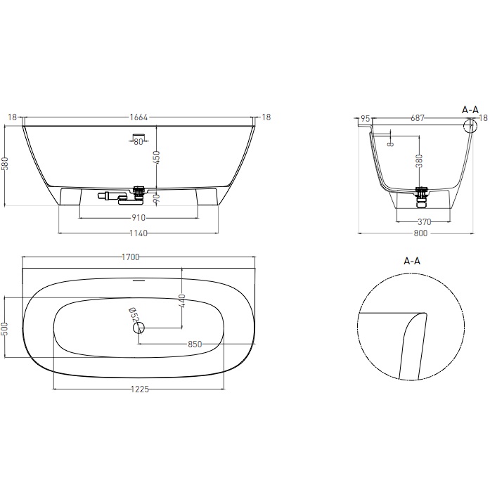 Ванна пристенная Salini S-Sense Sofia Wall 102512GF 170x80x58 (покраска RAL полностью, глянцевый), донный клапан, сифон, слив-перелив
