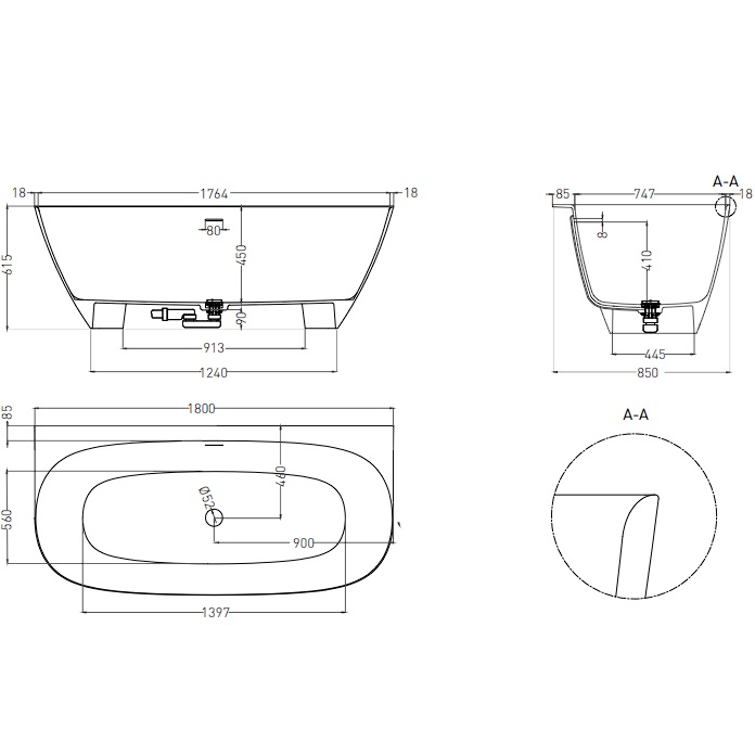 Ванна пристенная Salini S-Sense Sofia Wall 102513GF 180x85x61.5 (покраска RAL полностью, глянцевый), донный клапан, сифон, слив-перелив