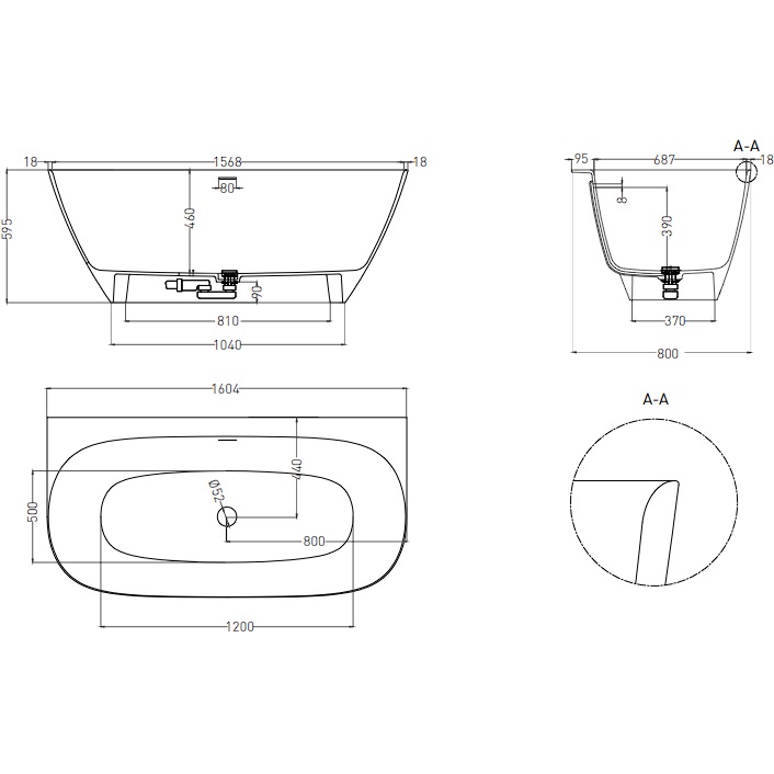 Ванна пристенная Salini S-Sense Sofia Wall 102517GF 160x80x59 (покраска RAL полностью, глянцевый), донный клапан, сифон, слив-перелив