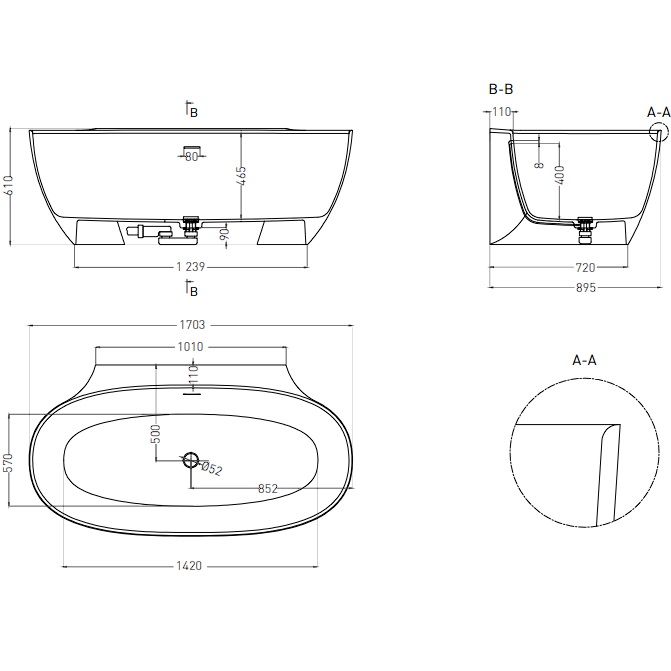 Ванна пристенная Salini S-Stone Alda Wall 101925MF 170.7x90.5x61 (покраска RAL полностью, матовый), донный клапан, сифон, слив-перелив
